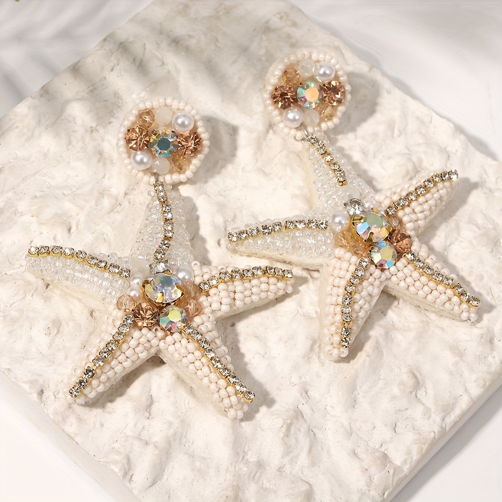 TEMU 1 Pair Of Drop Earrings Sparkling Starfish Design Inlaid Rhinestone Match Daily Outfits Party Accessories Jewelry, Beaded, Bohemian Style