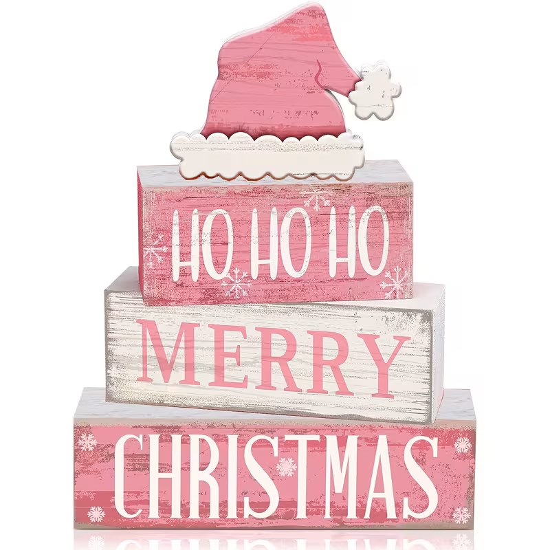 4pcs rustic wooden christmas decorative signs & plaques - tiered tray with pink hat & snowflake design, " merry christmas" text, farmhouse tabletop centerpiece for decor, christmas decorations, best for christmas - home & kitchen - Temu United Kingdom