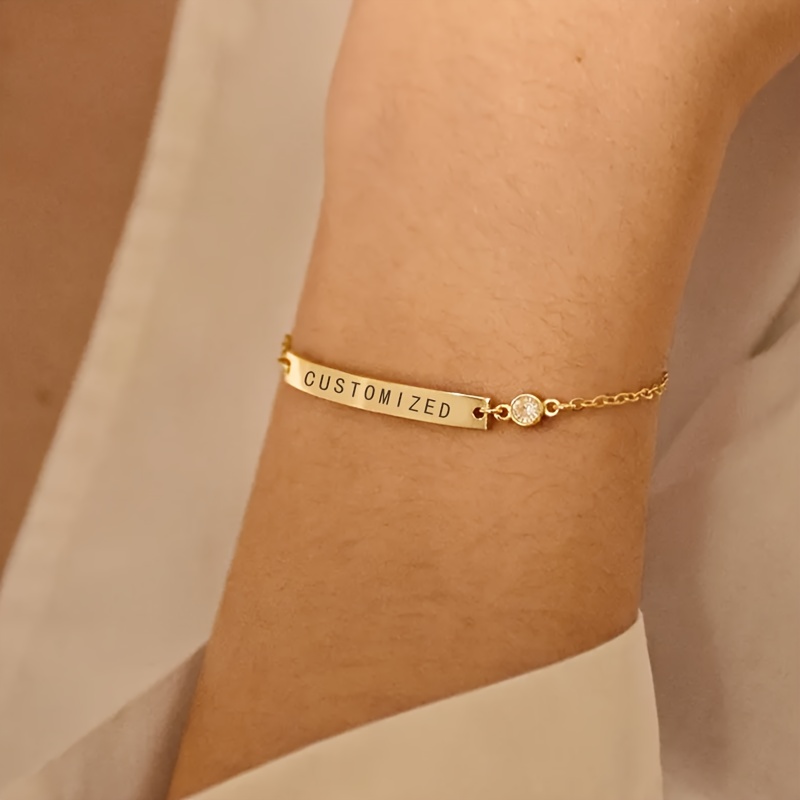Personalized Birthstone Bracelet with Name Engraving, Golden Tone