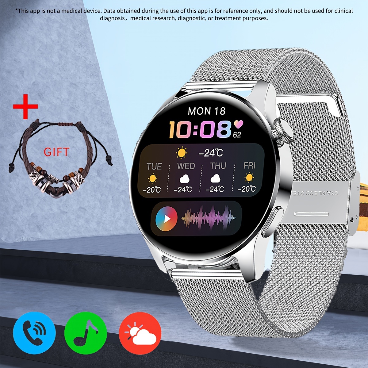 ساعة ذكية (الرد / إجراء مكالمة) ، شاشة عرض ملونة دائرية بقياس 1.28 بوصة مع مقياس الخطى / استهلاك السعرات الحرارية / تسجيل المسار / وقت التمرين / تشغيل الموسيقى / وضعيات رياضية متعددة / ساعات مقاومة للماء لنظامي Android و Iphone