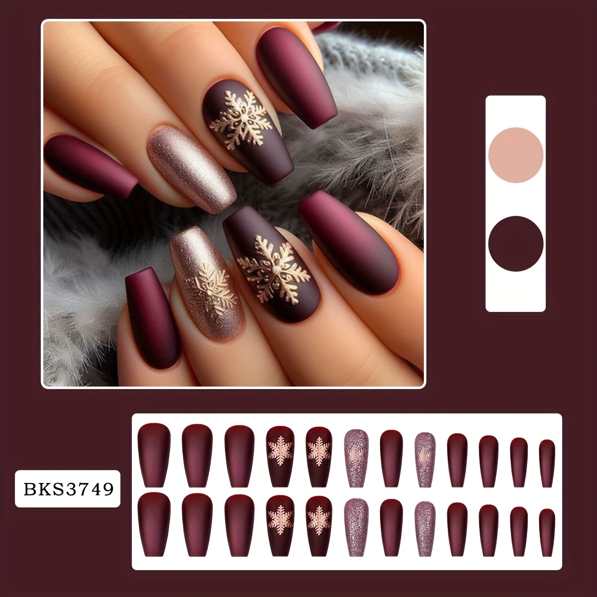 Image of 24pcs Matte & Glitter Golden Snowflake Nail Art, Winter Christmas Press On Nails For Women, Trendy Holiday Fake Nails With 3d Snowflake Design