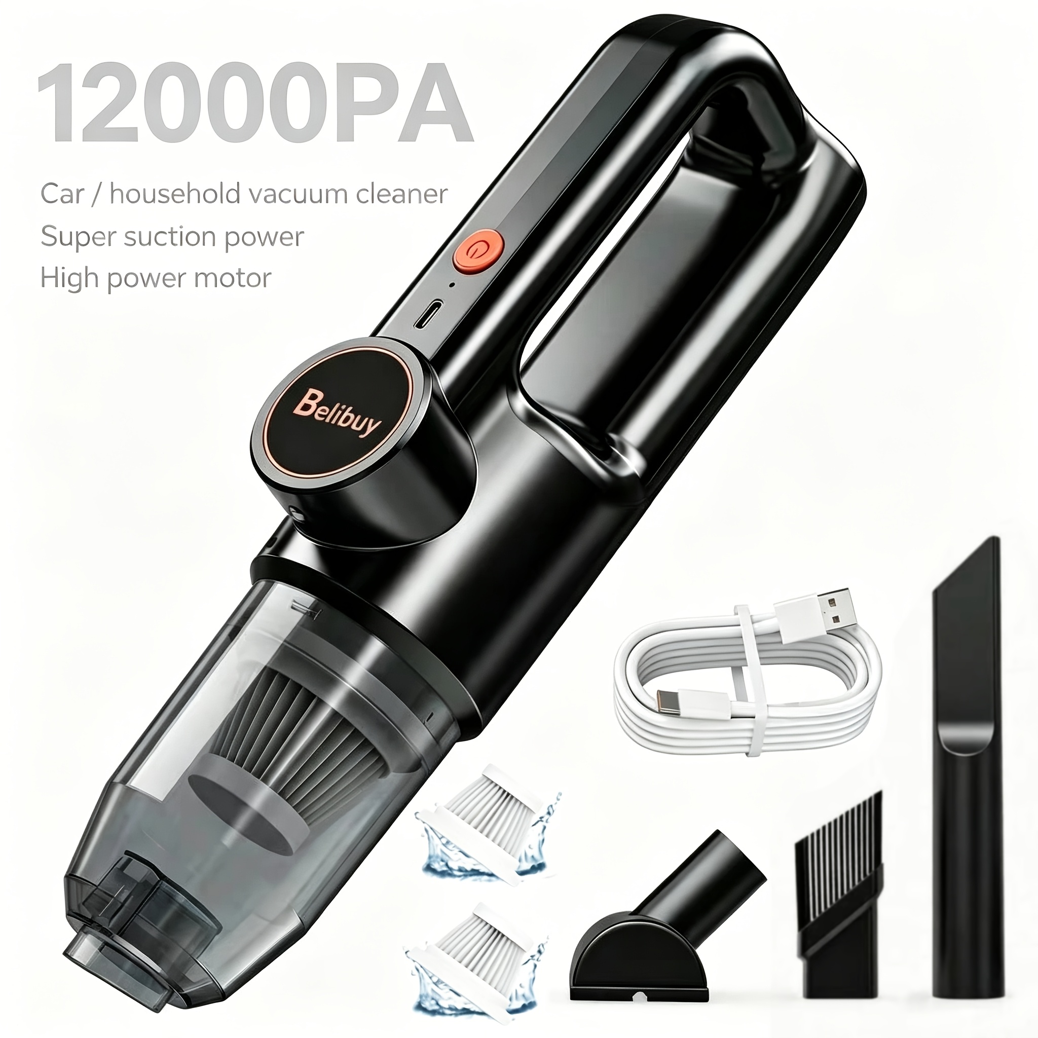 TEMU Aspiradora de coche de inalámbrica nueva y , recargable por USB con potente succión de 12000 Pa, batería de larga duración, filtro de capa