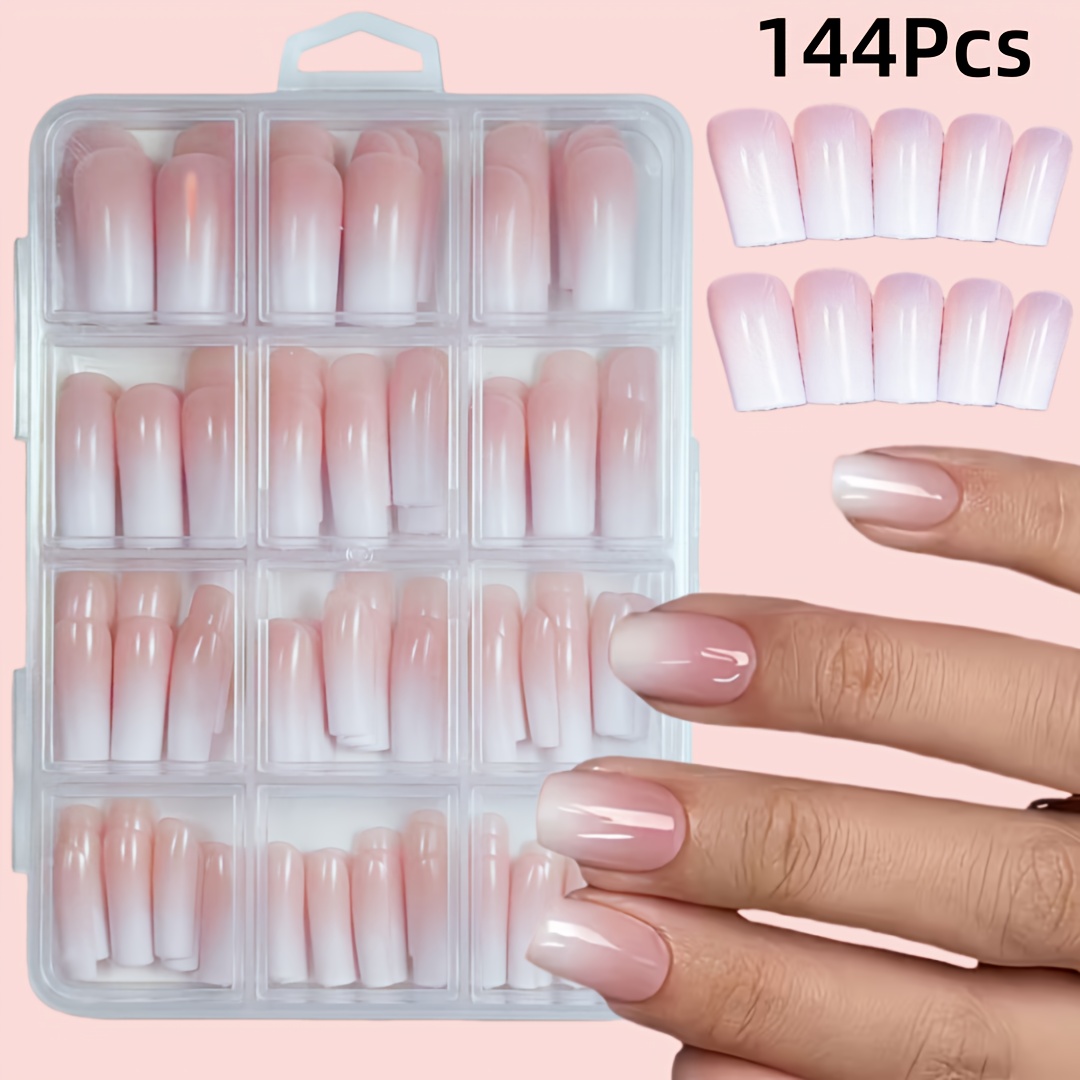 144pcs Pink/white Ombre Short Square Press-on Nails, 12 Sizes Fake Nails Set, Simple And Versatile Style Suitable For Women