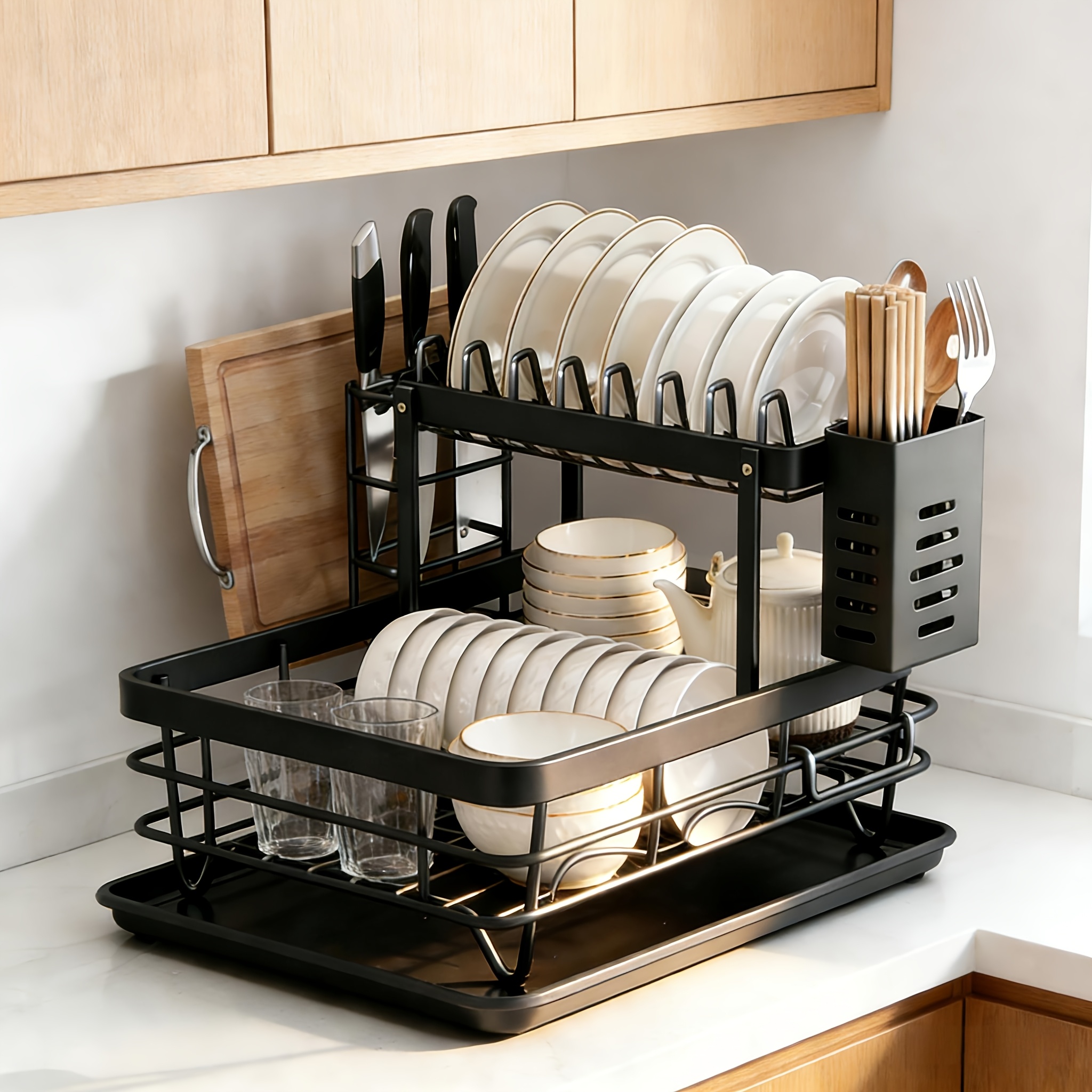 Double Layer Kitchen Countertop Drain Rack, With Drain Tray And Drain Mat, Dish Rack With Cutlery Holder, Rotating Drain, Kitchen Countertop Drain Board, (black, White)