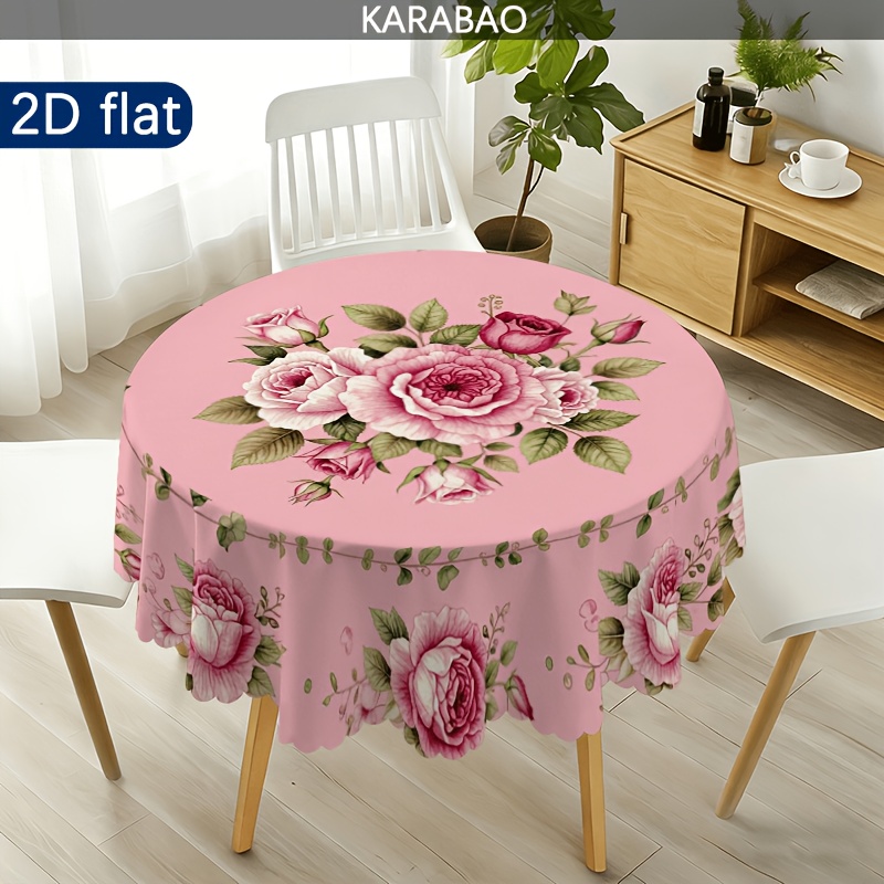 TEMU 2d Flat, 1pc Pink Rose Floral Round Tablecloth, Elegant And Romantic Pastoral , Suitable For Home Decor, Indoor And Outdoor, Home Dining Patio
