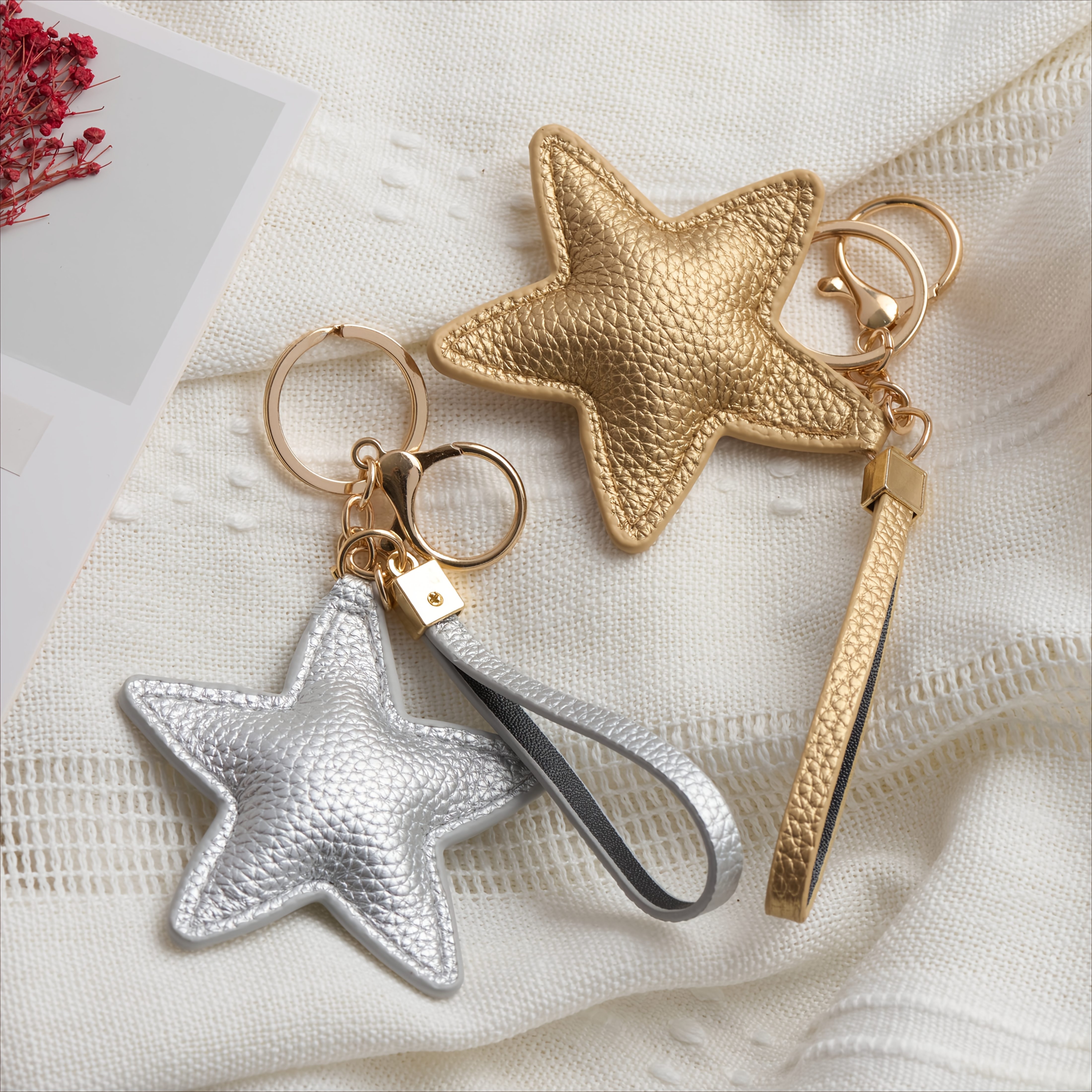 Image of 2pcs Pu Rope Five-pointed Star Keychain, Oil Edge , Fashionable Phone Pendant, Car Key Holder, Couple Gift, Gift, Bff Gift, Graduation Present, Holiday Gift