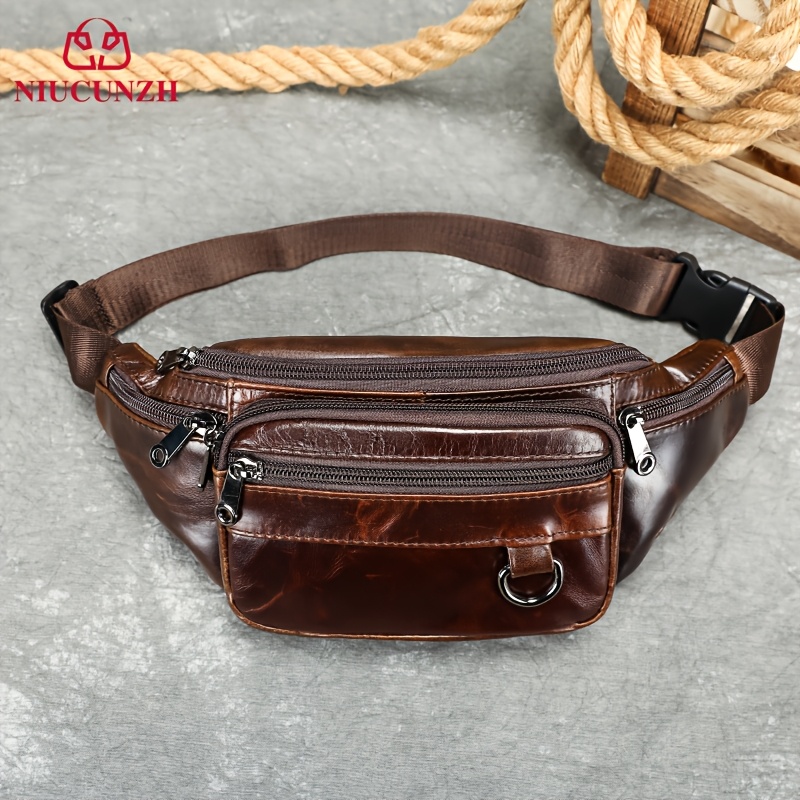 Image of Niucunzh Genuine Leather Multi-pocket Waist Bag, Multifunctional Sports Shoulder Bag, Casual Head Layer Cowhide Waist Bag, Cell Phone Wallet