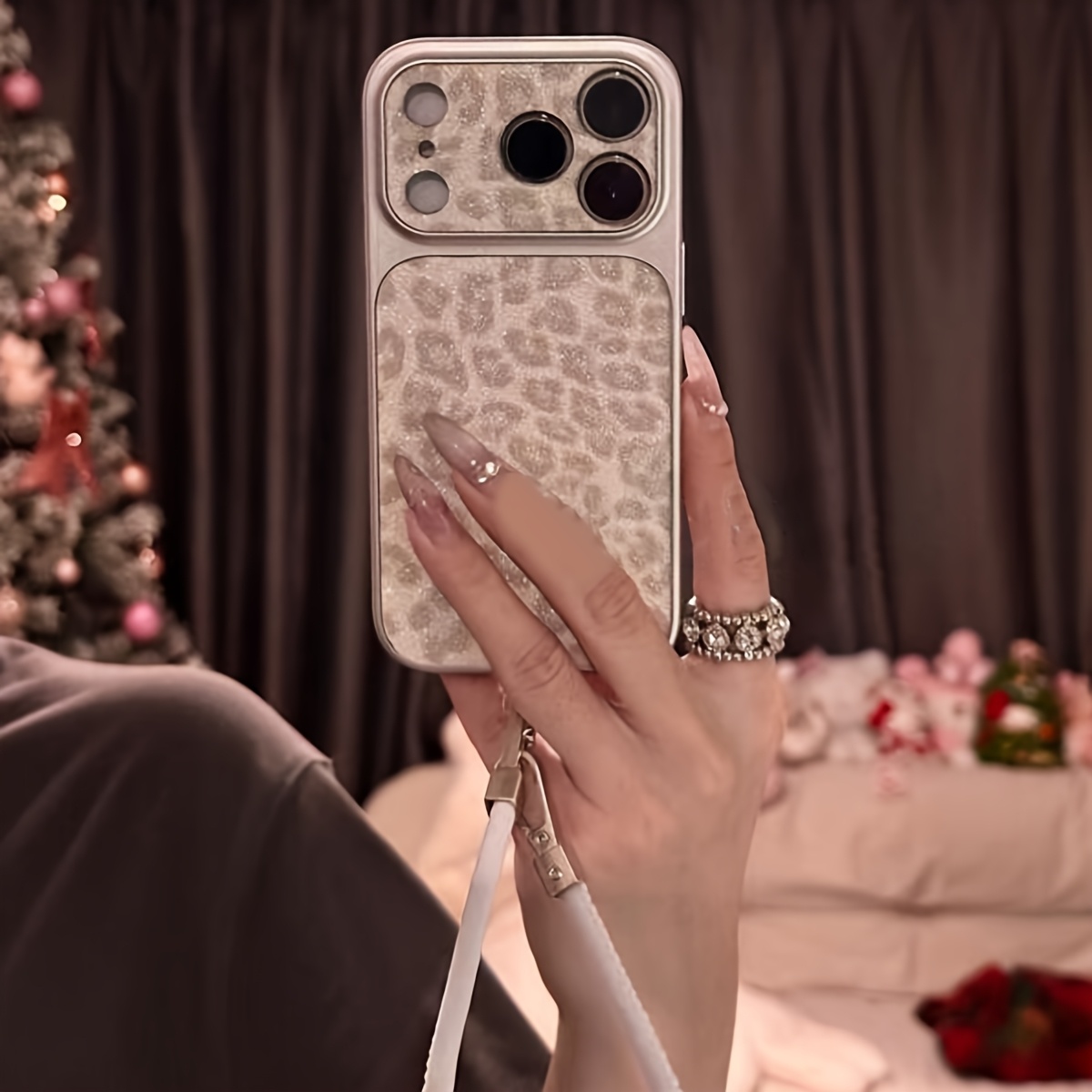 Image of Phone Case: Luxury Glitter Leopard Print Lens Protection Phone Cover Compatible With Iphone 17 Pro 15 14 Pro Max 13 Fashion Wristband Strap Back Cover