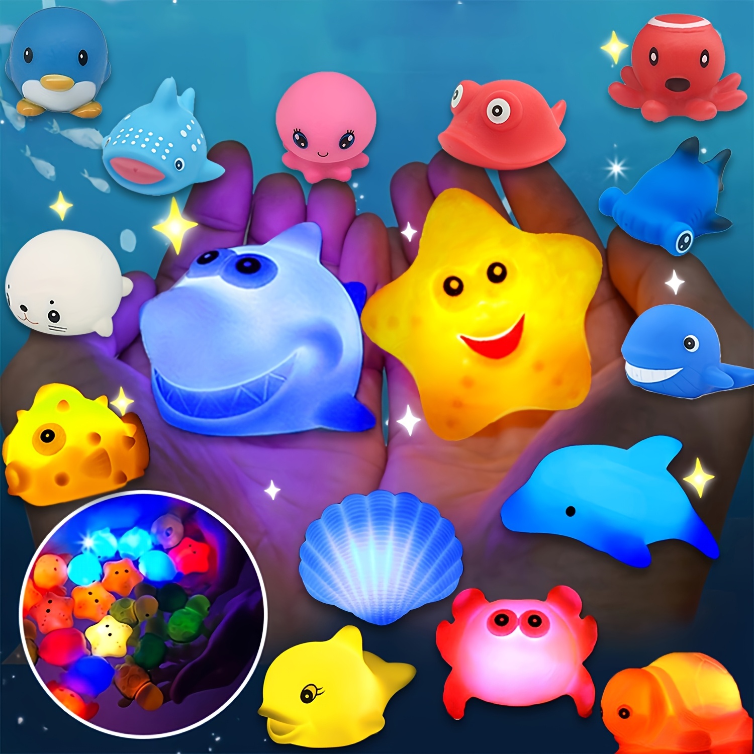 

A Set Of Glowing Ocean Animal Bath Toys That Float In The Water, Bathtub Games And Pool Parties.