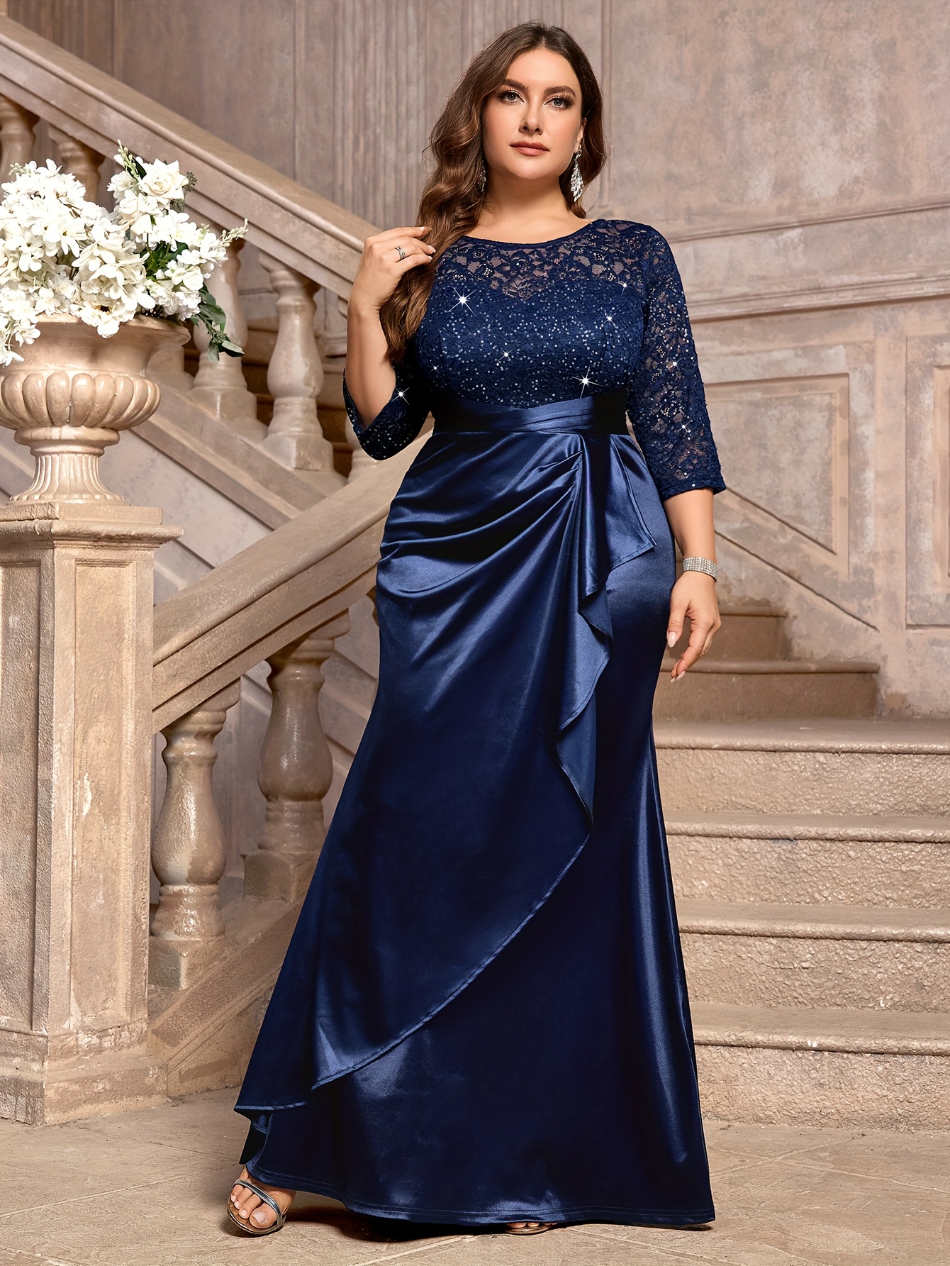 Plus Size Satijnen Jurk Met Mouwen Plus Size Elegante Satijnen V