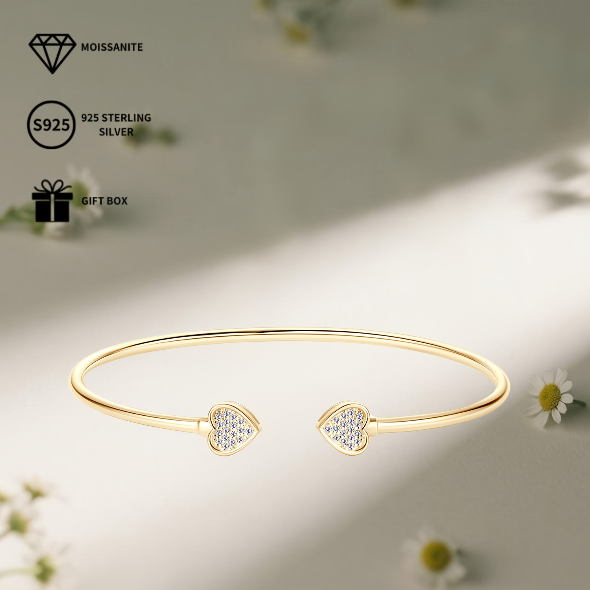 S925 Silver Heart Bracelet w/ Moissanite Stones, Adjustable Bangle