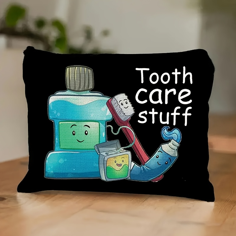 Image of 1pc Lightweight Black Cosmetic Bag With Whimsical Tooth & Toothbrush Design - Portable Zippered Makeup Pouch, Durable Polyester Fabric, Ideal For Travel & Gifts, , Fun Cartoon Style