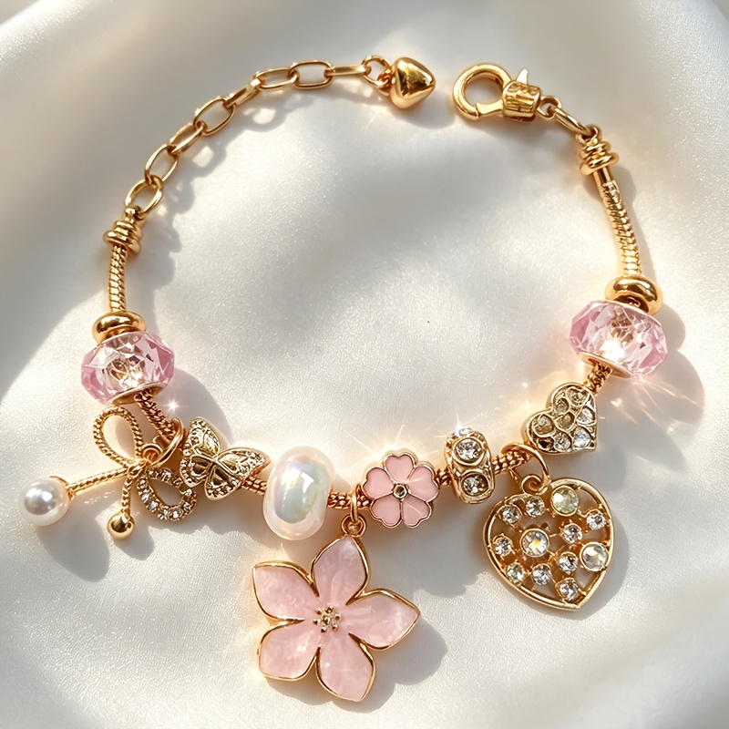 TEMU Nouveau Bracelet Fille Rose Or Perles Chaîne en Os de Femme Rose Quartz/Nœud/Papillon/Perles Iridescentes//Pendentif Cœur Chaîne de Main Style