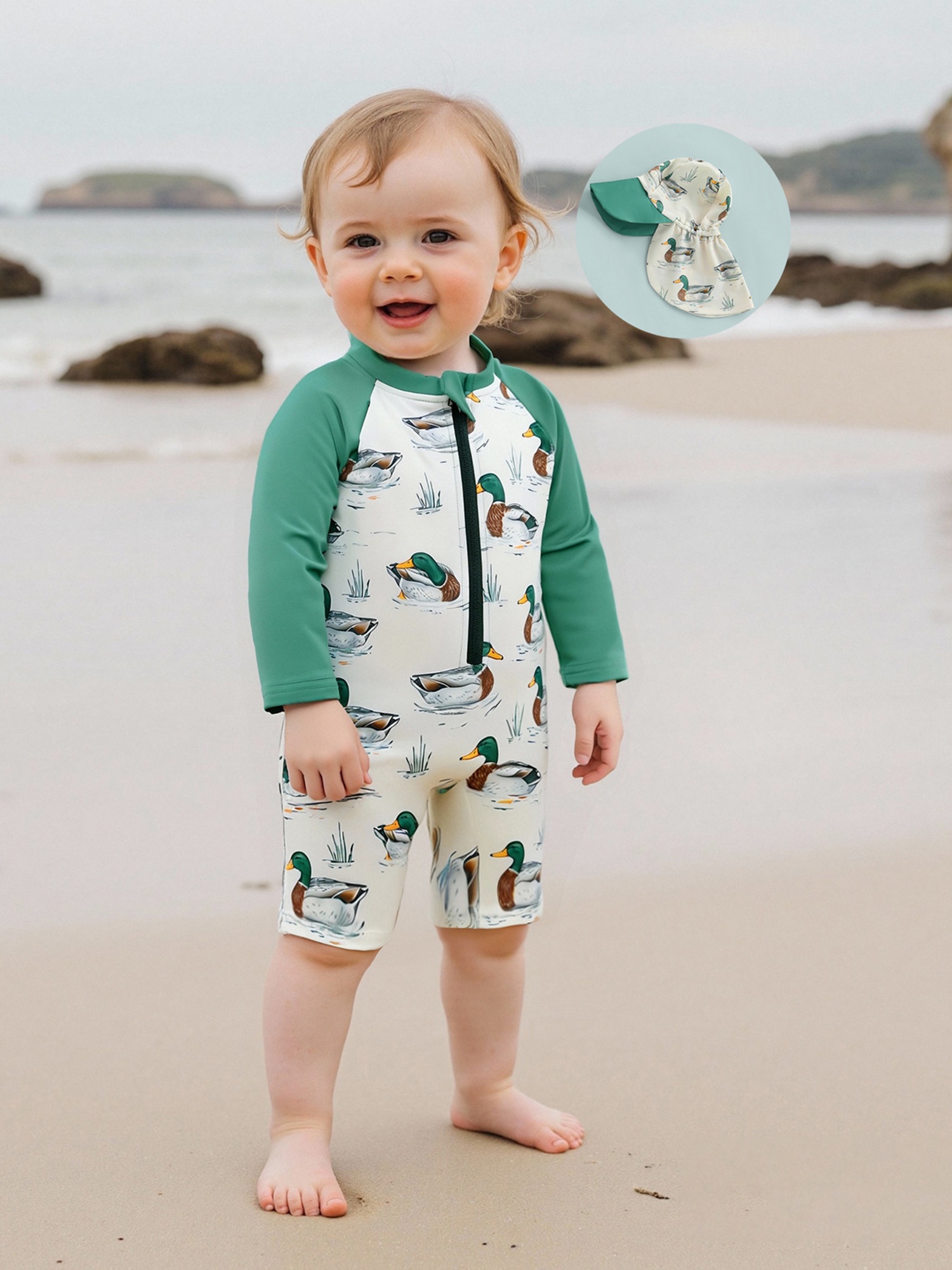 Toddler Infant Baby Boy Rash Guard Swimsuit with Hat 2pcs Set Duck Pattern  Zip Up Long Sleeve Crew Neck Baby Boy Swimwears Bathing suit