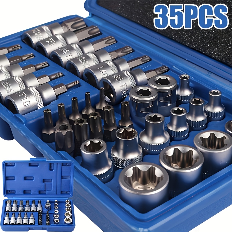 Image of 35pcs Of Torx And E-torx Socket Screwdriver Bits For 1/4 Inch, 3/8 Inch And 1/2 Inch Drive Heads, Including Male And Female E-torx Safety Screwdriver Bits Designed For Handheld Use.