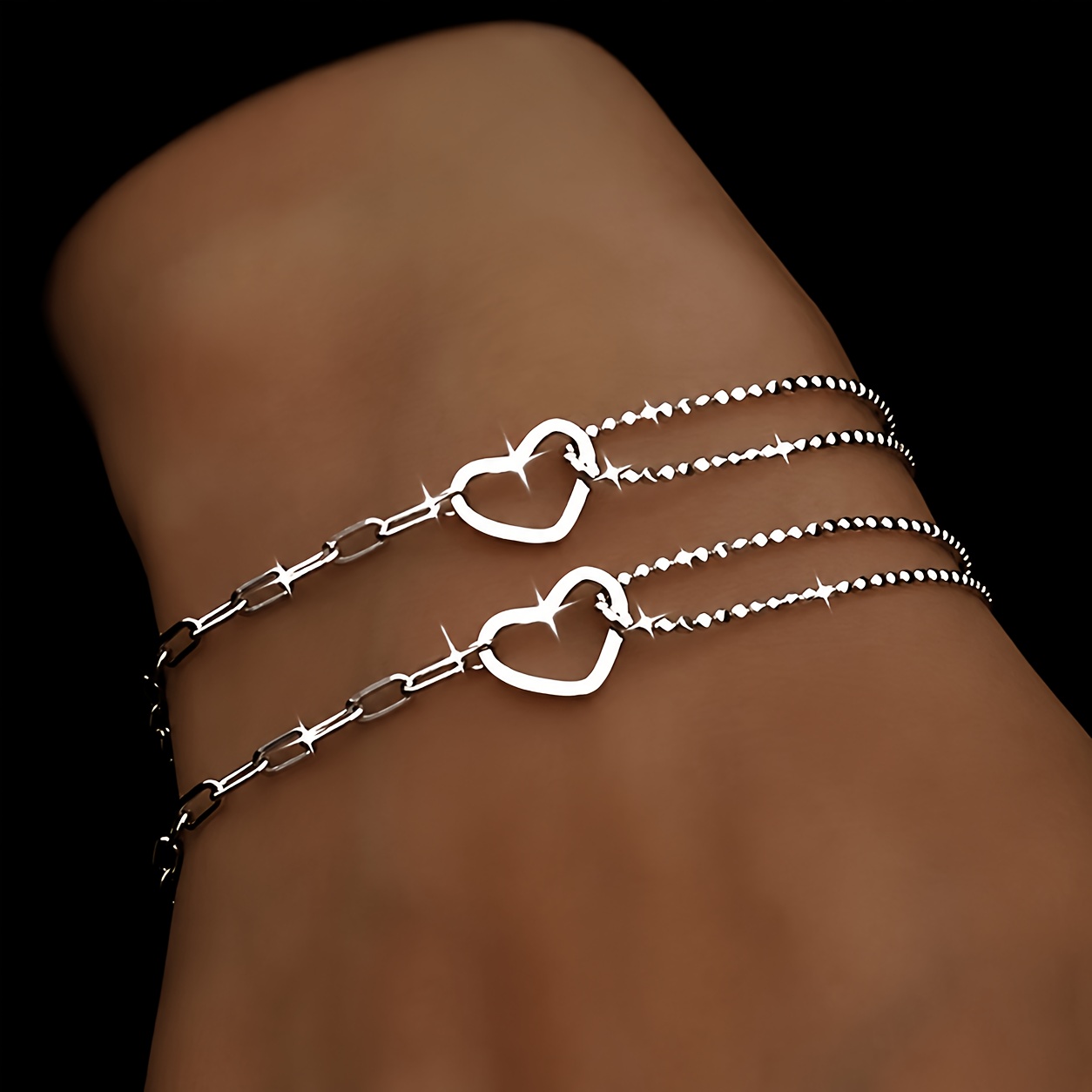 TEMU 2pcs Set Of Silvery Heart Double-chain Bracelets, Fashionable Chain Bracelets With Sweet Heart Pendant For Layering