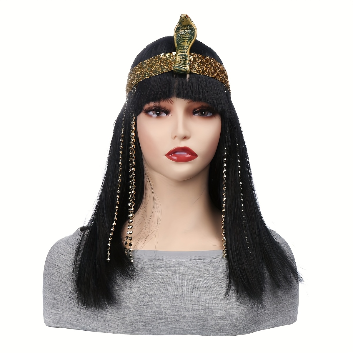 E-shop Ägyptische Königin Perücke, 43 cm (17 Zoll) Damen Straight Black Haar mit Pony, Schlangenkopf Accessoire, Cosplay Kopfbedeckung