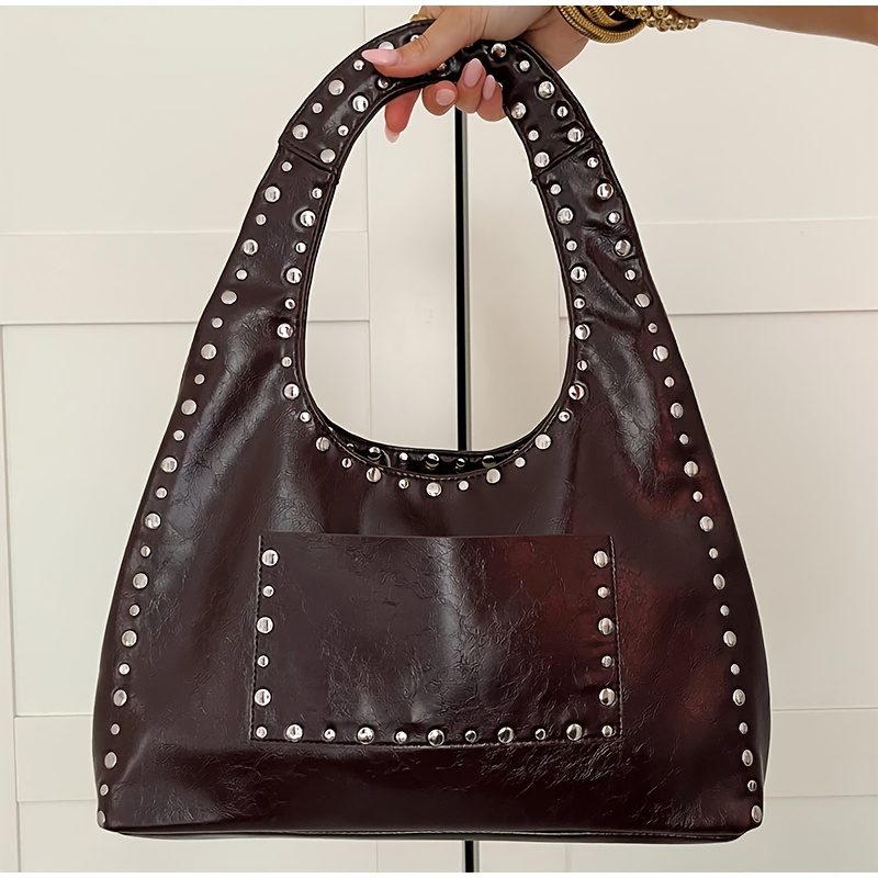 

Trendy Leather Shoulder Bag With Retro Rivet Accents - Punk Style, Lightweight Motorcycle Handbag For Women, Polyester Lined, Fixed Strap