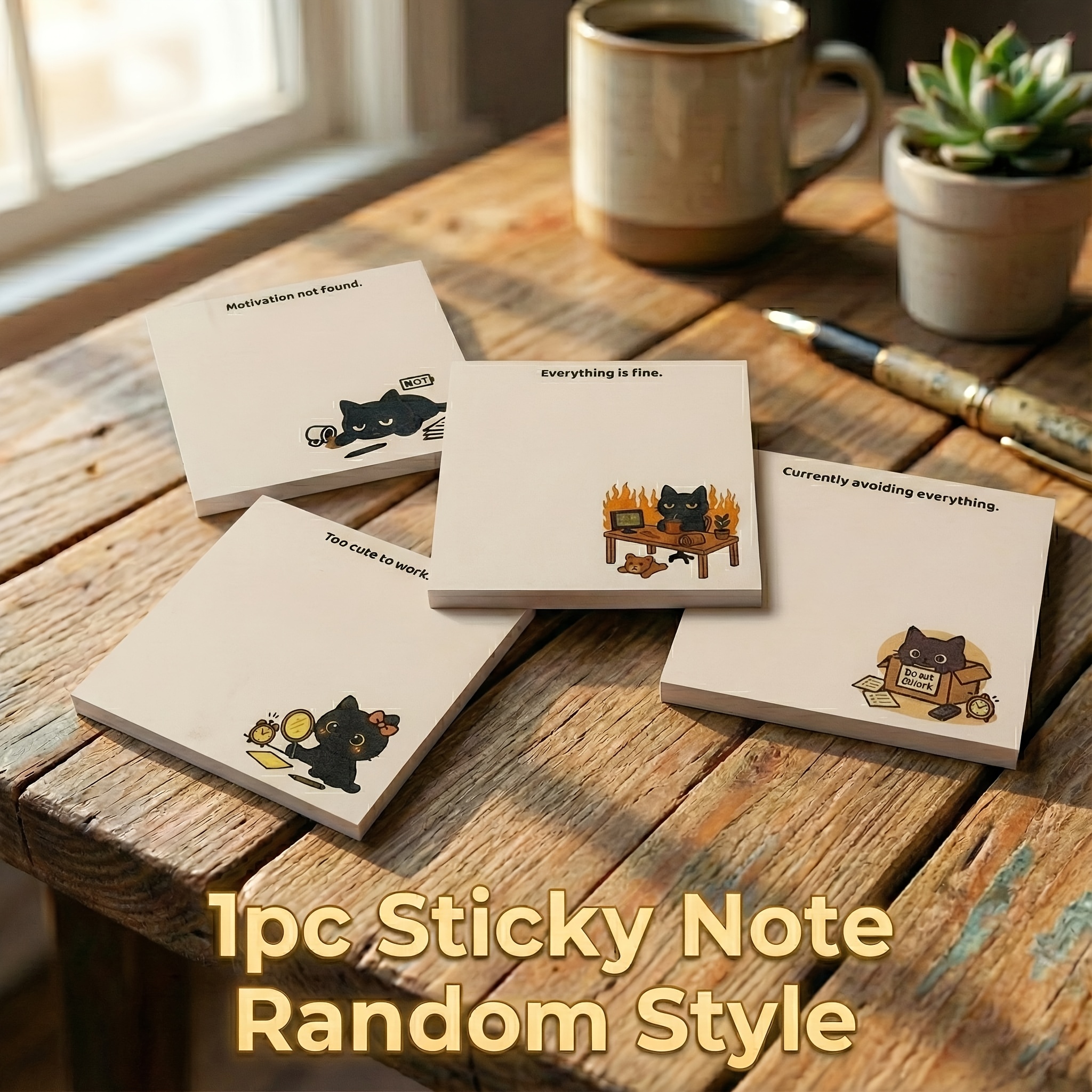 Image of Humorous Sticky Notes Featuring A Relatable Black Cat With Phrases Like '' And 'motivation ', Perfect For Office Use, Mental Health Support, School Supplies