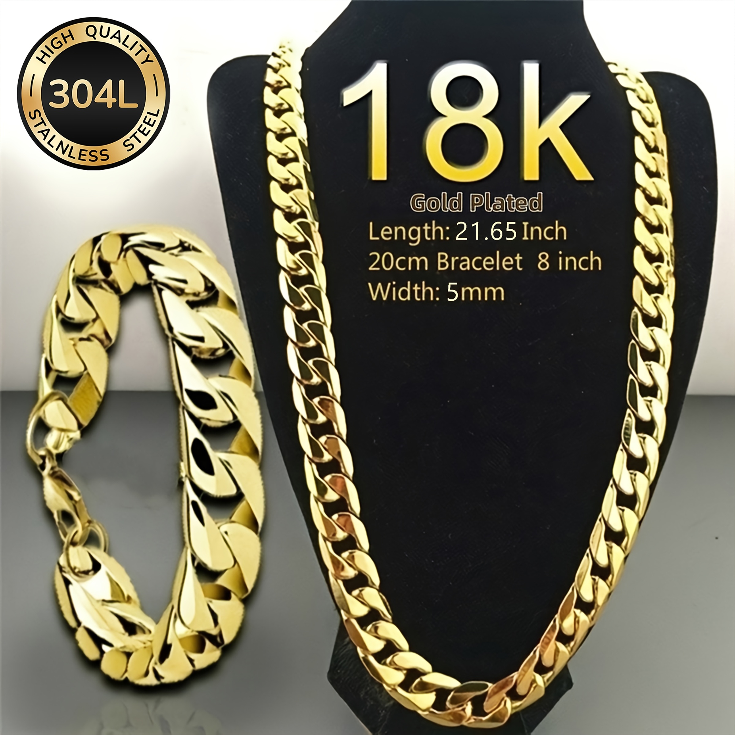 TEMU 2pcs Set Of 18k Gold Plated Men's 304l 304l Stainless Steel Necklace And Bracelet, Suitable For Daily Casual Gatherings, Men's Jewelry Sets,