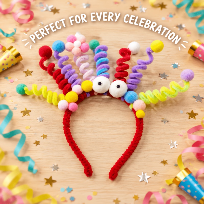 Macaron Rainbow Pipe Cleaner Spiral Headband with Pom Pom Eyes