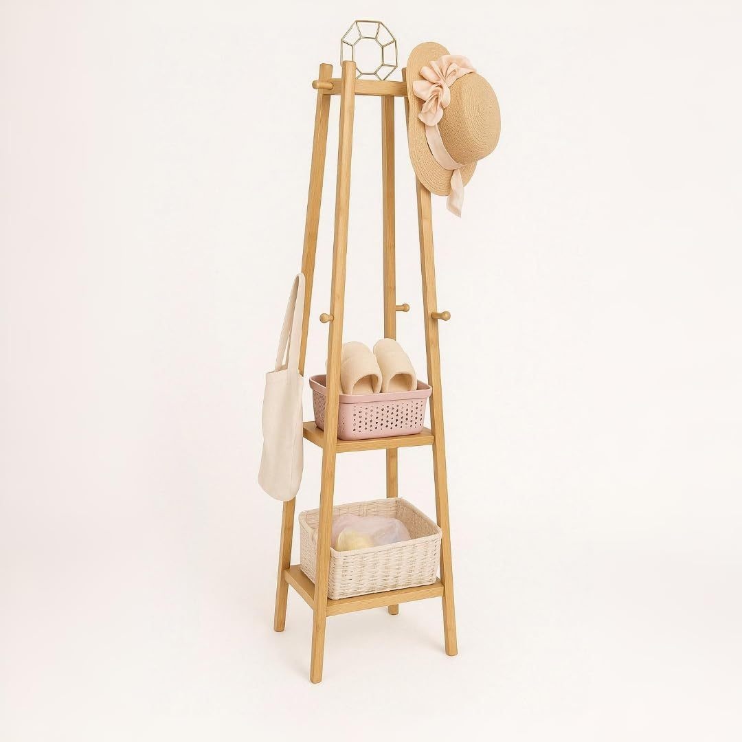 Free Standing Bamboo Coat Stand Rack Hanger: Coat Rack With Shelf Coat Trees Garment Stand Clothing Rail Jacket Hanger With 8 Hooks For Hats Clothes Bag Shoes