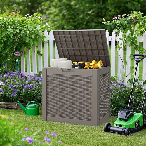 35 gallon waterproof outdoor deck box w locking hole organizer storage box with side handles outdoor storage organizing supplies storage boxes for patio garden backyard easy to move resin storage boxes bins cabinets outdoor storage racks box cabinet rack for outdoor storage