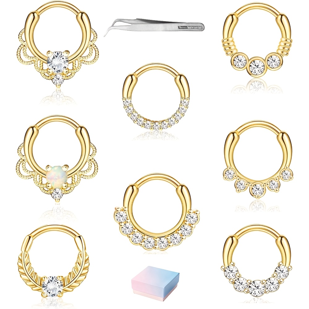 Image of 8pcs 16g Septum Clicker Ring Stainless Steel Cz Cartilage Helix Tragus Hoop Daith Earrings Nose Rings Hoop Hinged Clicker Ring Piercing Jewelry