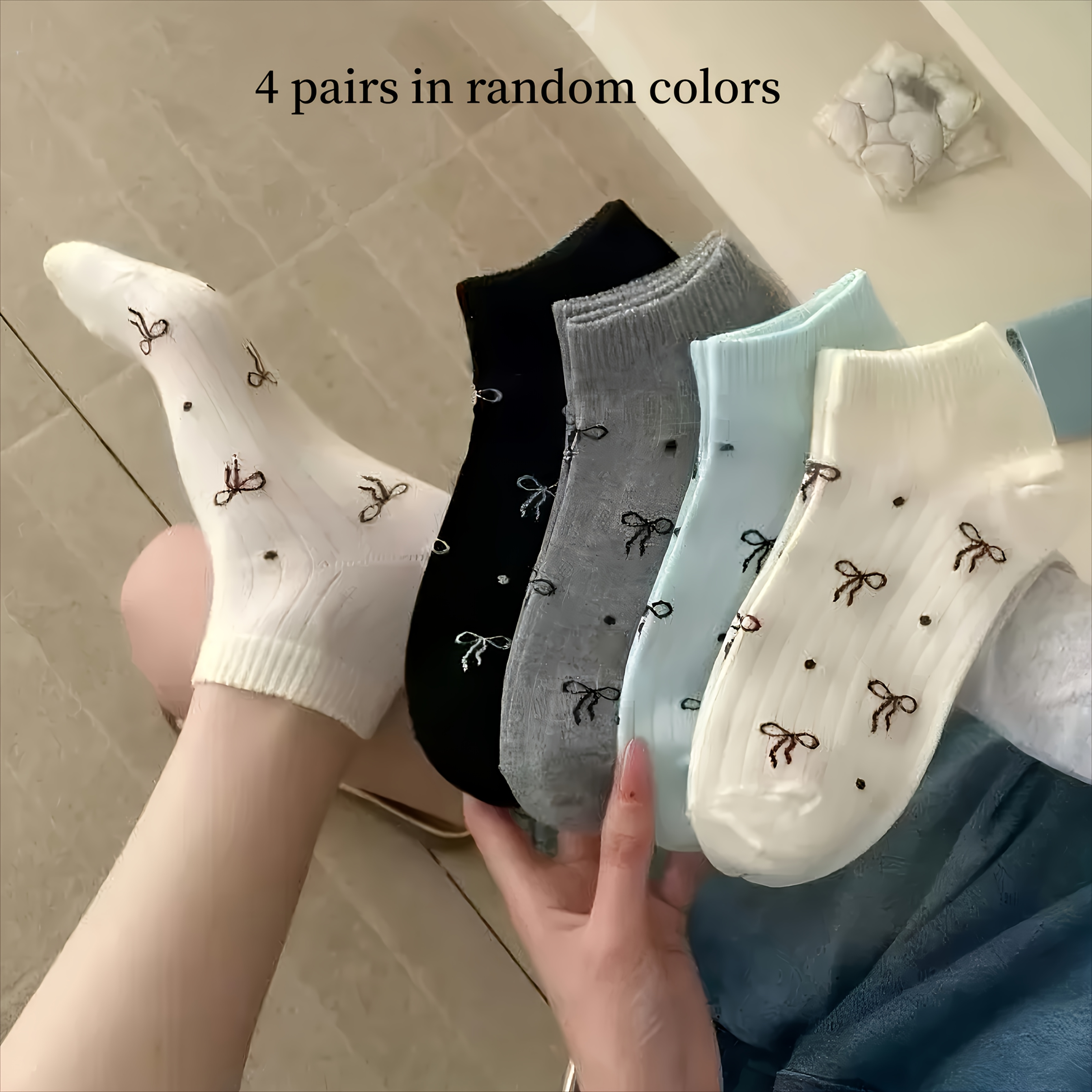 TEMU 4 Pairs Women's Sports Ankle Socks In Random Colors, Featuring Bow Decoration, Stylish And Sporty Look, Made Of Highly Elastic, Breathable And
