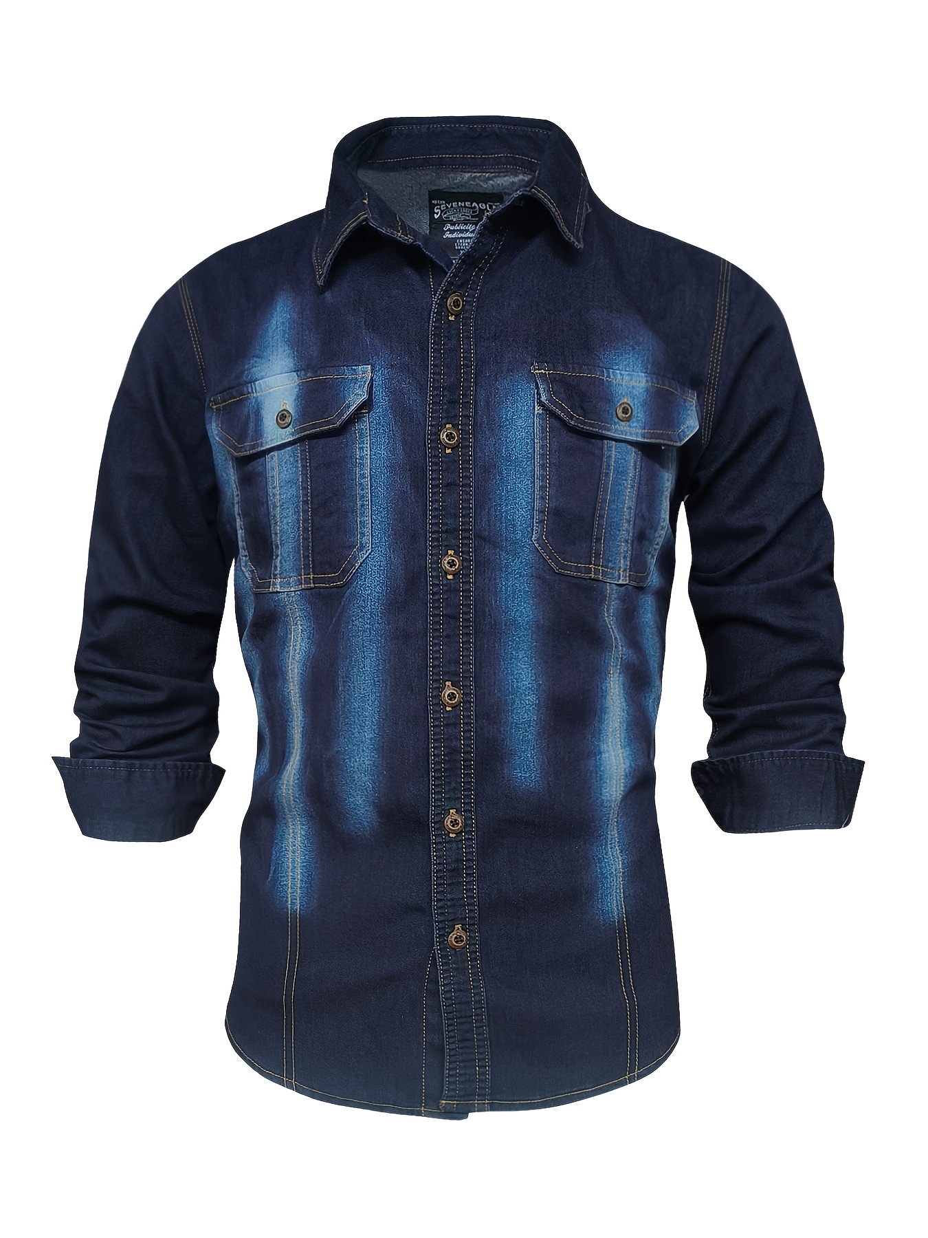 Men's Slim-Fit Long Sleeve Gradient Denim Shirt - Casual Button-Up with Pointed Collar, Machine Washable Solid Color All-Season Versatile Top