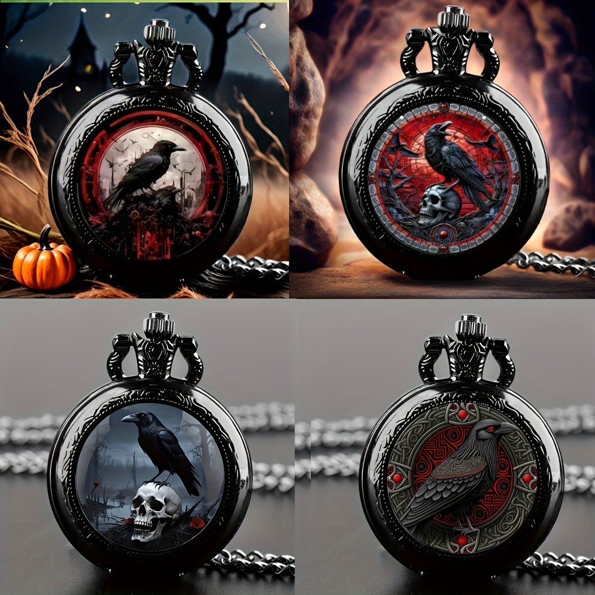 4pcs Gothic Crow Different Styles Pattern Pocket Watches, Exquisite Quartz Pocket Watches, Suitable For Birthday And Holiday Gifts And Clocks