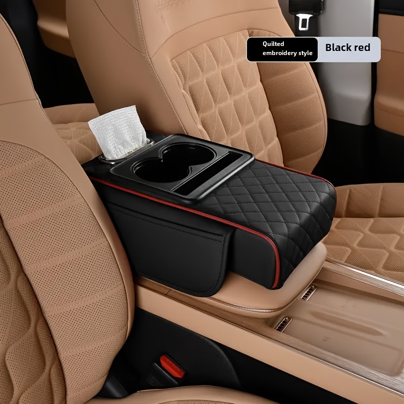 

Luxury Pu Leather Car Armrest Pad With Cup Holder And Box - Console Cushion, Quilted Design, Storage Pocket, Comfortable Vehicle Interior Accessory