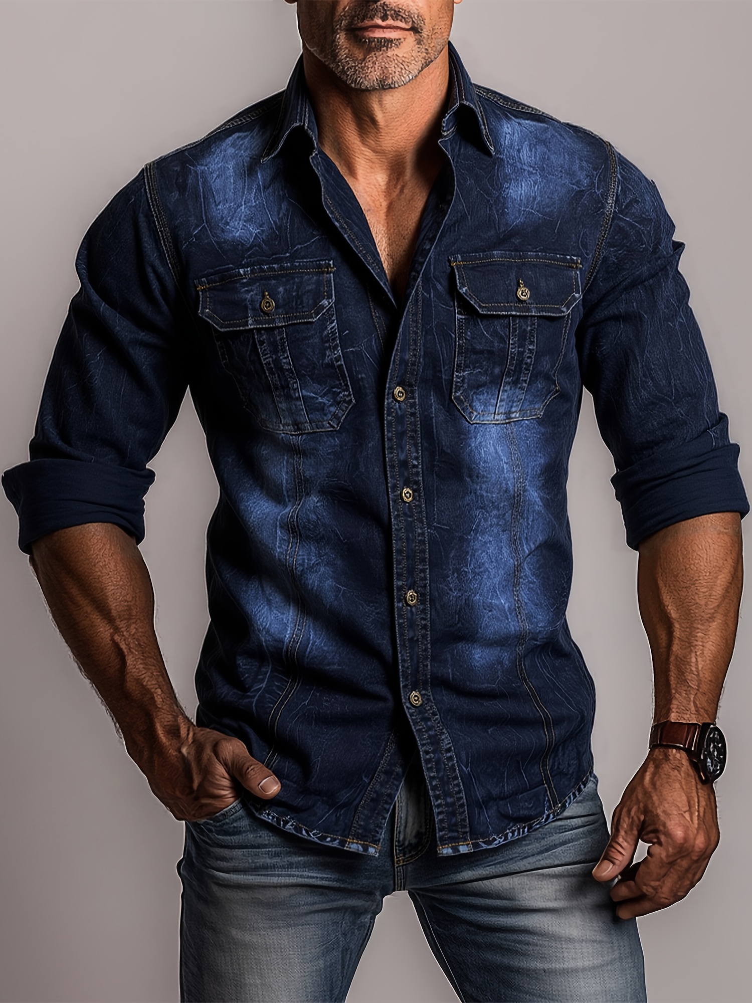 mens fit long sleeve denim shirt stylish blue Temu Philippines