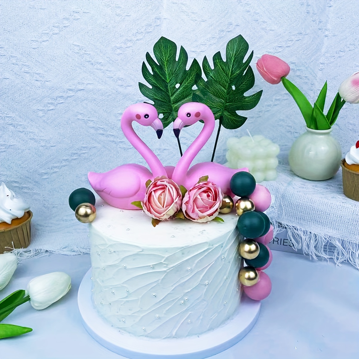 

21pcs Plastic Flamingo Cake Decoration Artificial Flower Palm Leaf Decoration Ball Cake Decoration Suitable For Birthday Party Wedding Summer Hawaiian Theme Party Beach Party And More