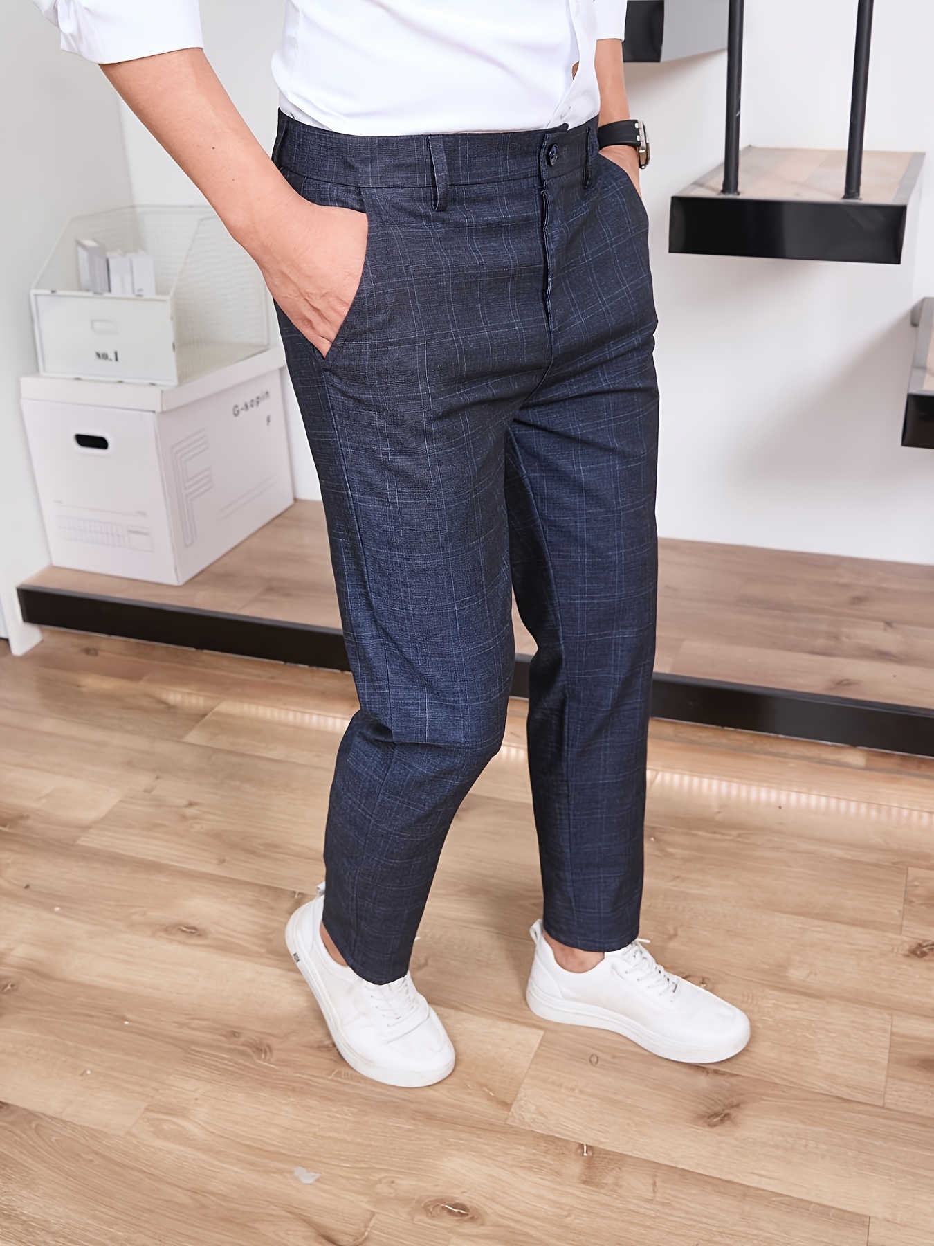 Men'S Stylish Plaid Dress Pants - Navy Blue, Semi-Formal, Casual Business Attire, All-Season Comfort, Regular Fit, Allseason Pants|Plaid Pattern Pants|Stretchable Fabric