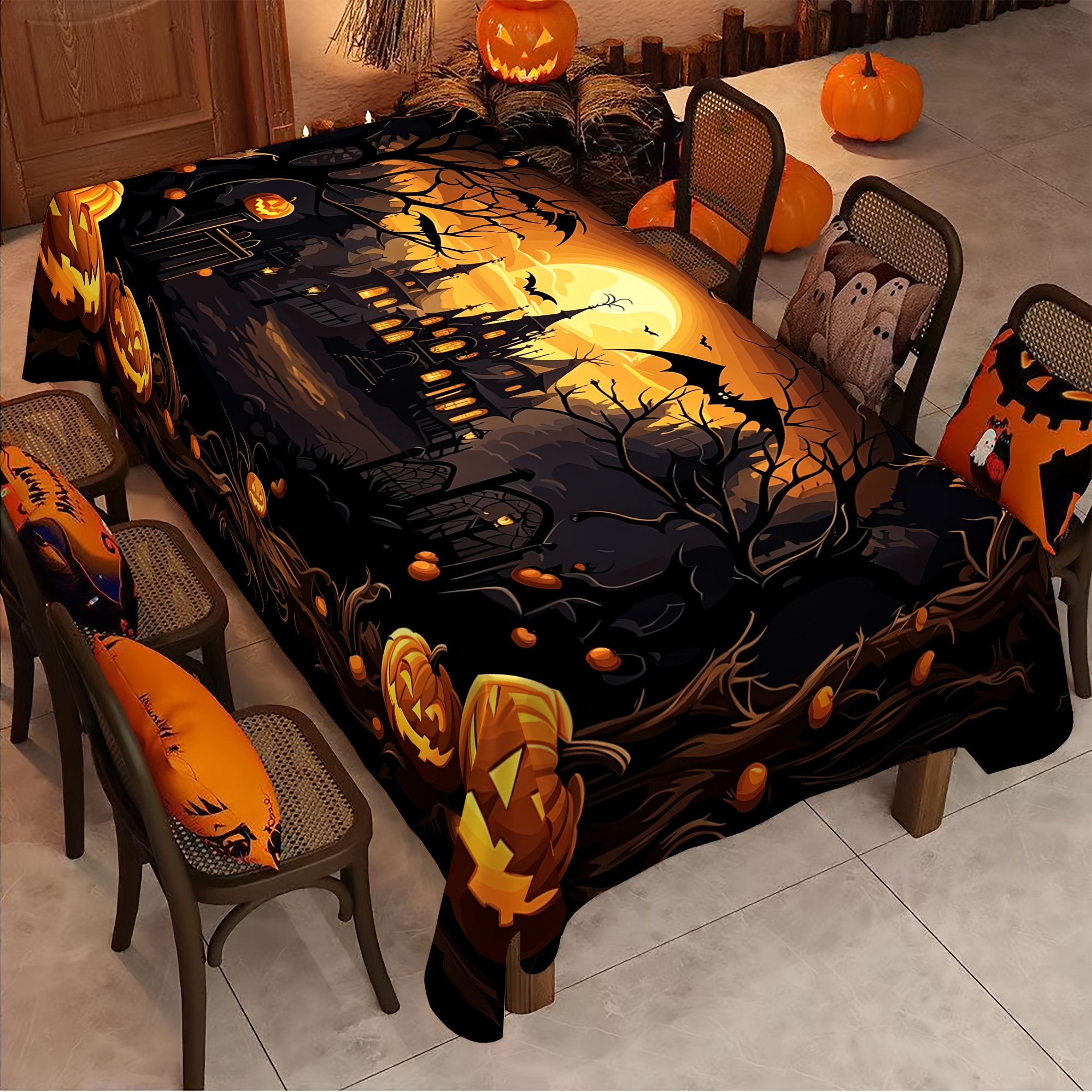 TEMU 2d Flat 1pc-halloween Tablecloth, Halloween Pumpkin Castle Pattern Tablecloth, Suitable For Halloween Decoration, Home Kitchen Tablecloth,
