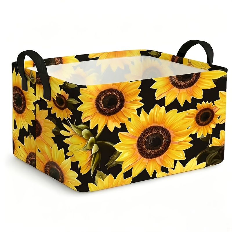 TEMU 1pc, Dokriy, Colorful Sunflower Storage Basket On Black Background, Decorative With Handle, Foldable Laundry Basket For Living Room And Bedroom
