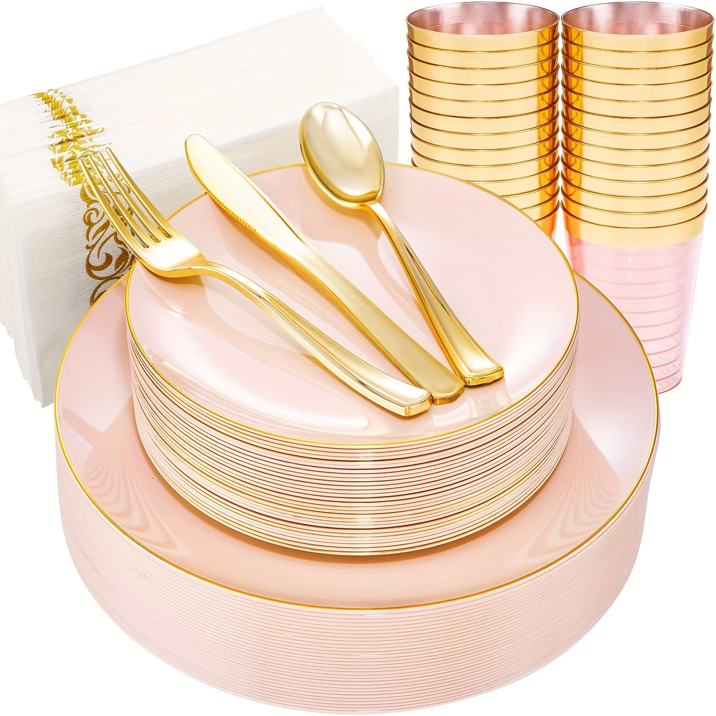 

210pcs Plastic Pink Plates With Gold Plastic Silverware Set Include 30pink Dinner & 30 Dessert Plates, 90gold Cutlery, 30gold Cups, 30napkins, Pink Dinnerware For Party