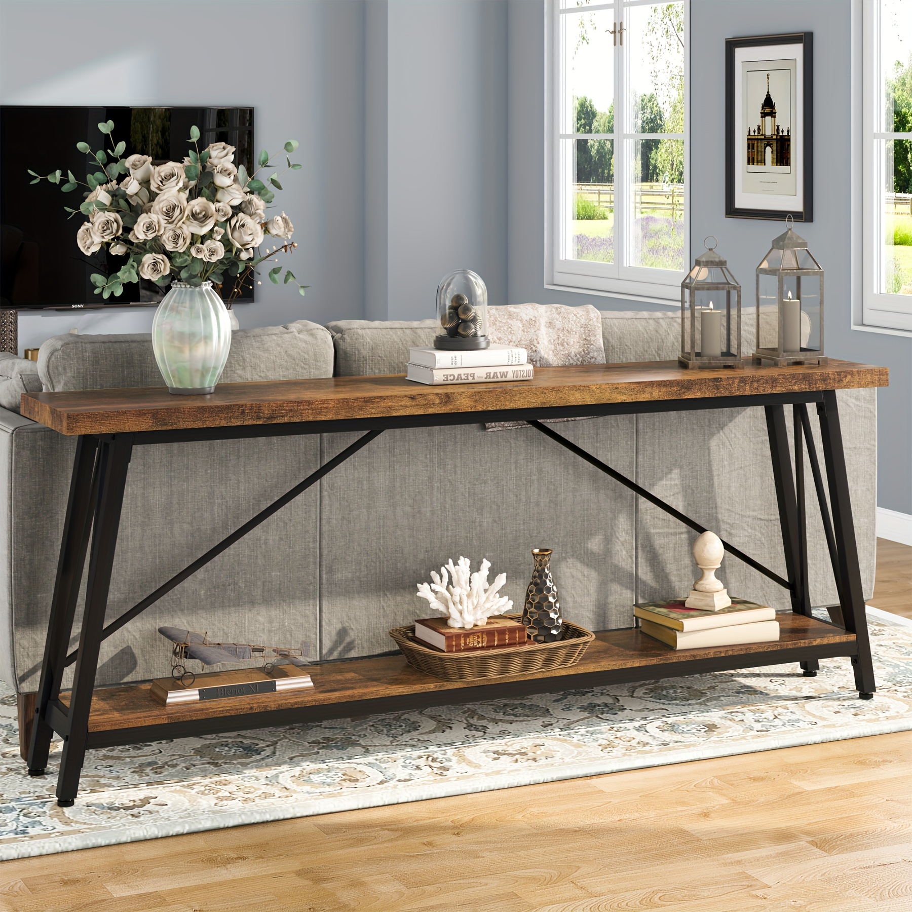 

Little Tree Industrial Entry Console Table For Hallway, 70.9 Inches Extra Long Sofa Table Behind Couch, Entryway & Living Room, Dark Brown