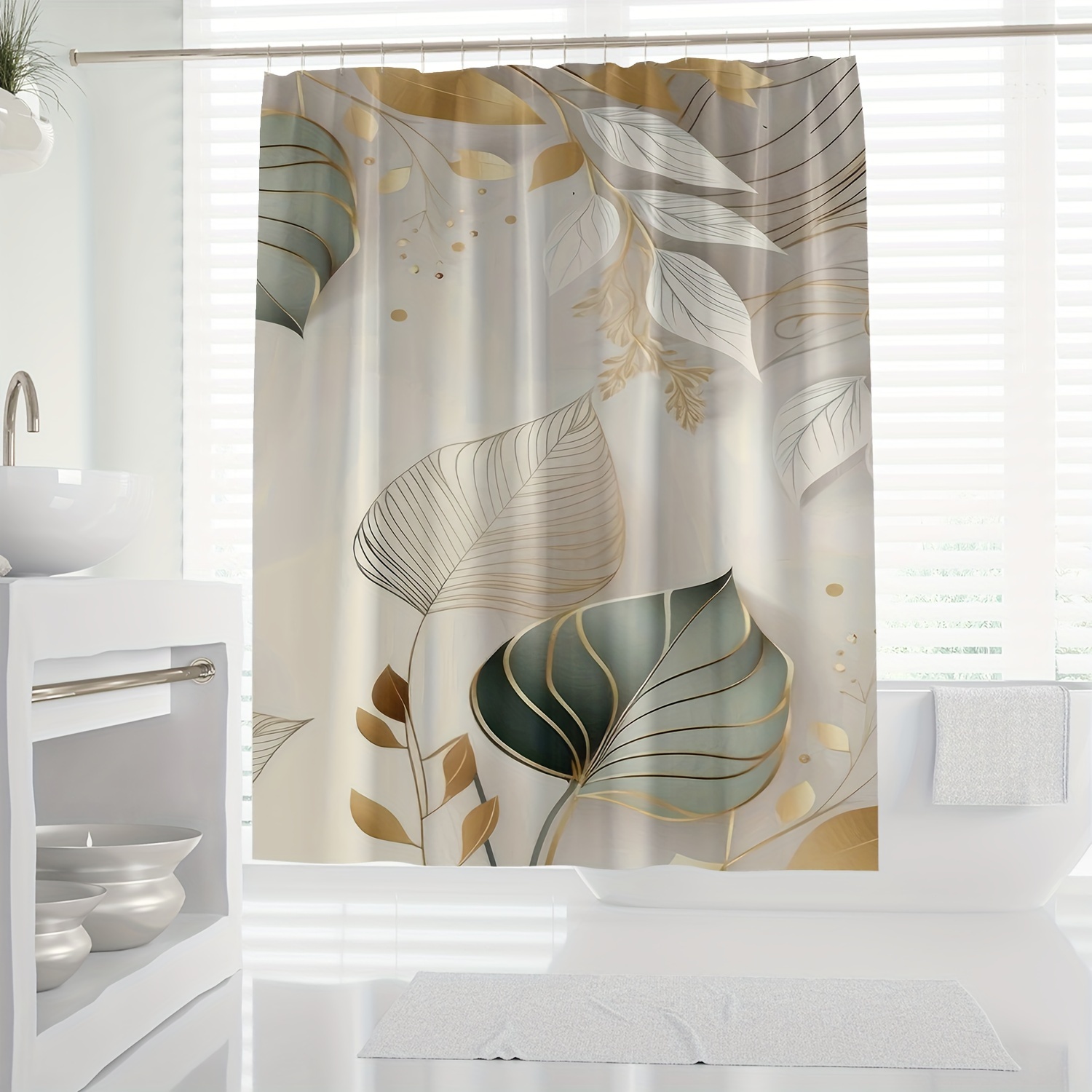

1pc Luxury Elegant Noble Style Fashion Digital Print Shower Curtain, 70.87 X 70.87 Inches, Waterproof Bathroom Decor With Modern Leaf Design