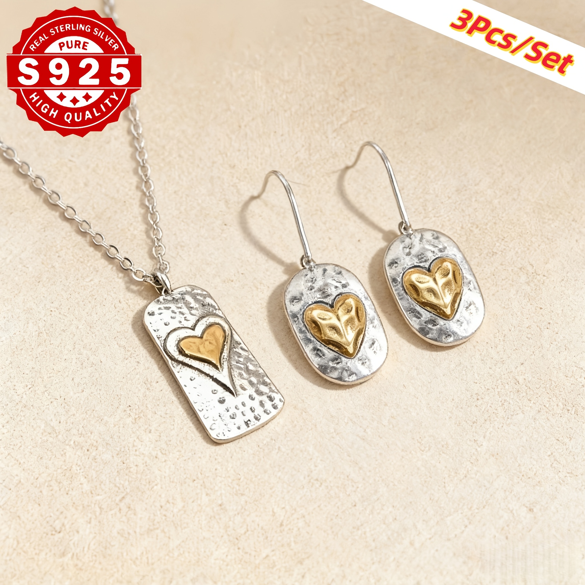 TEMU 3pcs S925 Double-layer Heart-shaped Geometric Rectangular Heart Pendant Necklace And Earrings, Vintage Love Retro Jewelry Accessories Perfect