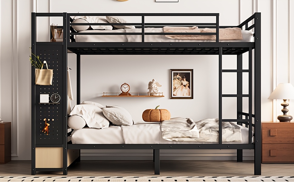 BELLEMAVE Full Over Full Size Metal Bunk Bed with Storage Shelves, Drawers And Pegboard, Heavy-Duty Loft Bed with Noise-Reduced Design, No Box Spring Required, Black