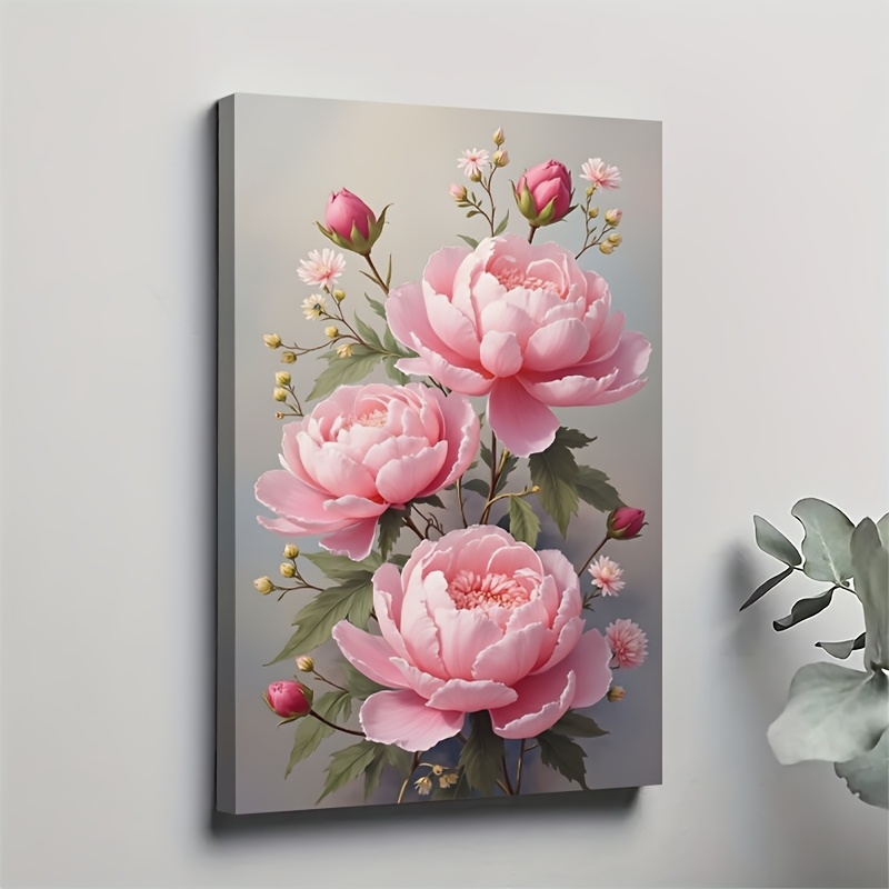 TEMU 1pc Elegant Floral Wall Art - Delicate Painting With Soft Pastel Background, Solid Wood Framed Canvas Floral Decor (12x16 Inch) For Living Room,