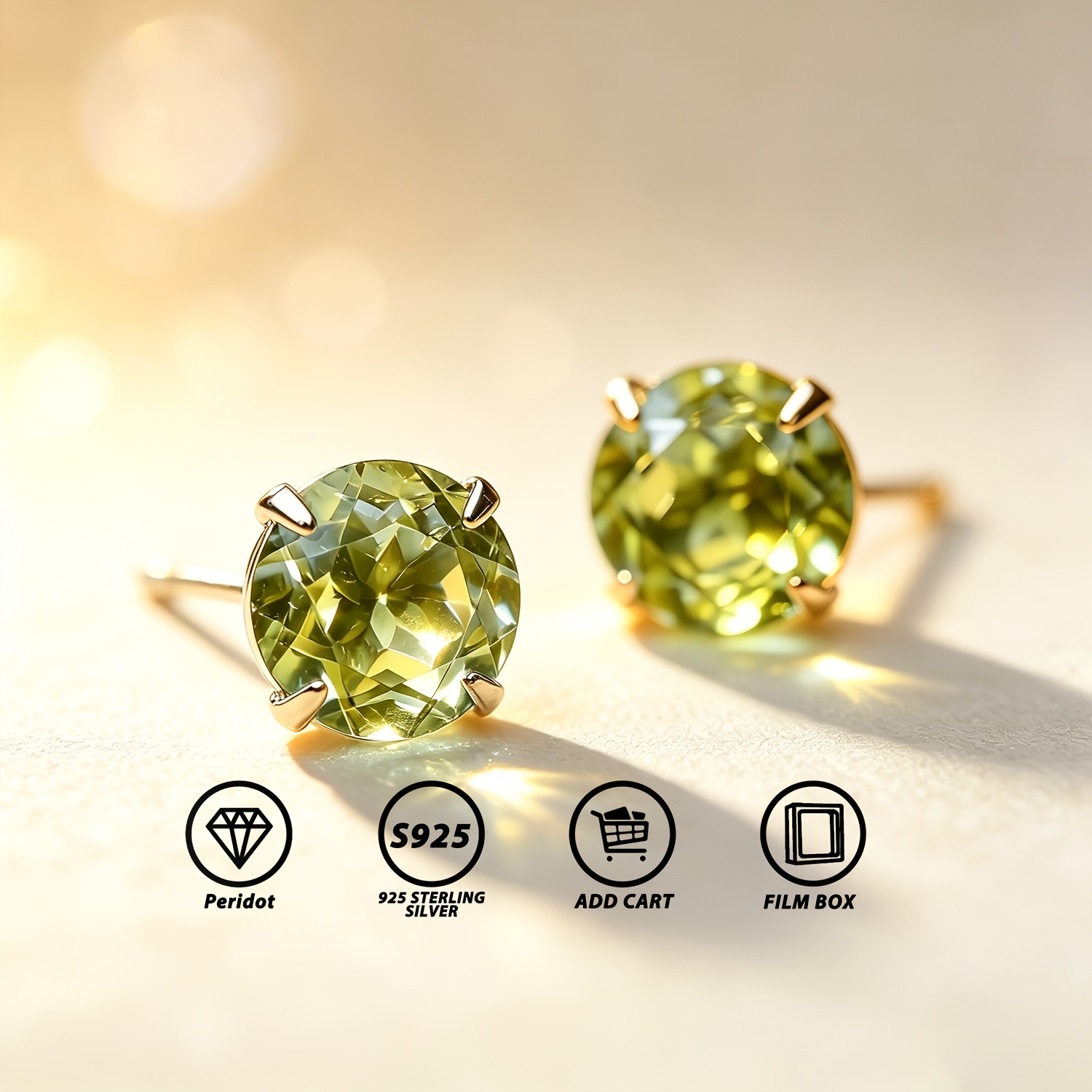 TEMU Natural Peridot S925 , Hypoallergenic And Lightweight, Exquisite And Small, Inlaid With 6mm Round Natural Peridot, Elegant Jewelry, Birthstone,