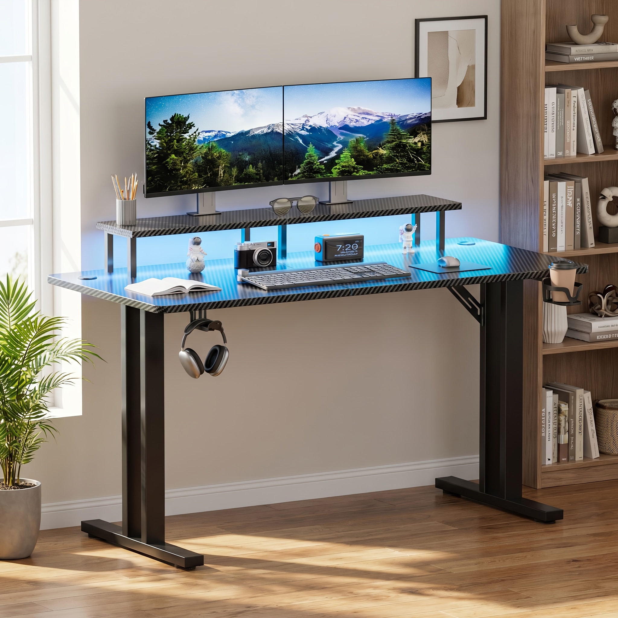 Image of Led Home Office Desk With Cup Holder & Headphone Hook, Computer Desk With Monitor Stand, Large Carbon Fibre Tabletop Ergonomic Workstation, Blue Mood Lighting, Black