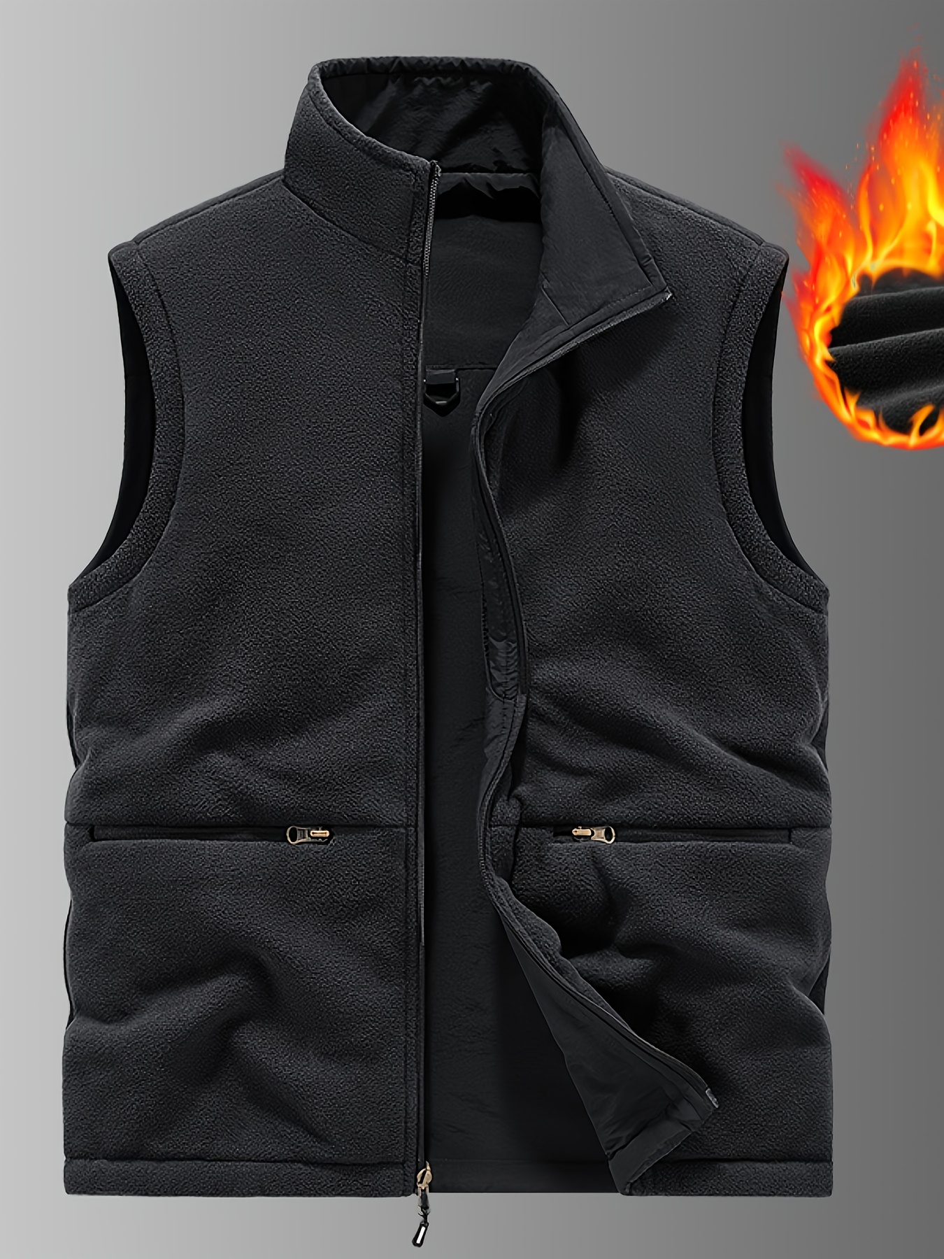 mens thickened fleece lined casual vest with multiple pockets black zip up stand collar loose fit for outdoor activities hiking fishing autumn winter wear outdoor gear zippered vest functional pockets mens vests fishing vest hiking vest vest for men Product details 2