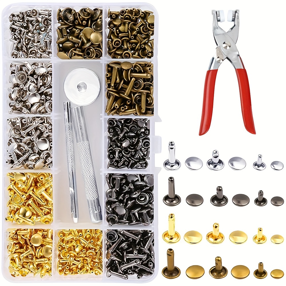 

180 Set Leathercraft Rivets Kit With Punch Pliers And Setting Tools, Metal Rivets In 12mm 8mm 6mm Sizes For Diy Leather Crafts, Sewing, And Repairs