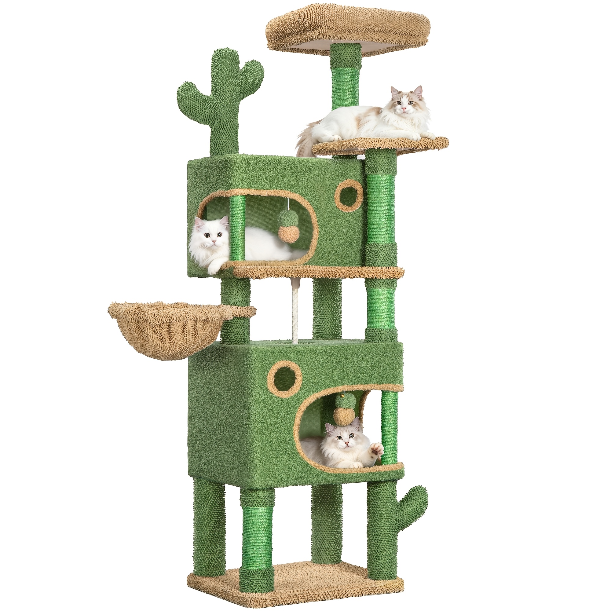 Image of 165 Cm Cactus Cat Tree | Multi-level Cats Condo With 6 Scratching Posts, 2 Platforms, 2 Caves, Basket, Plush Balls, Sisal Rope, Anti-tip Kit, Green Brown - Hzuaneri