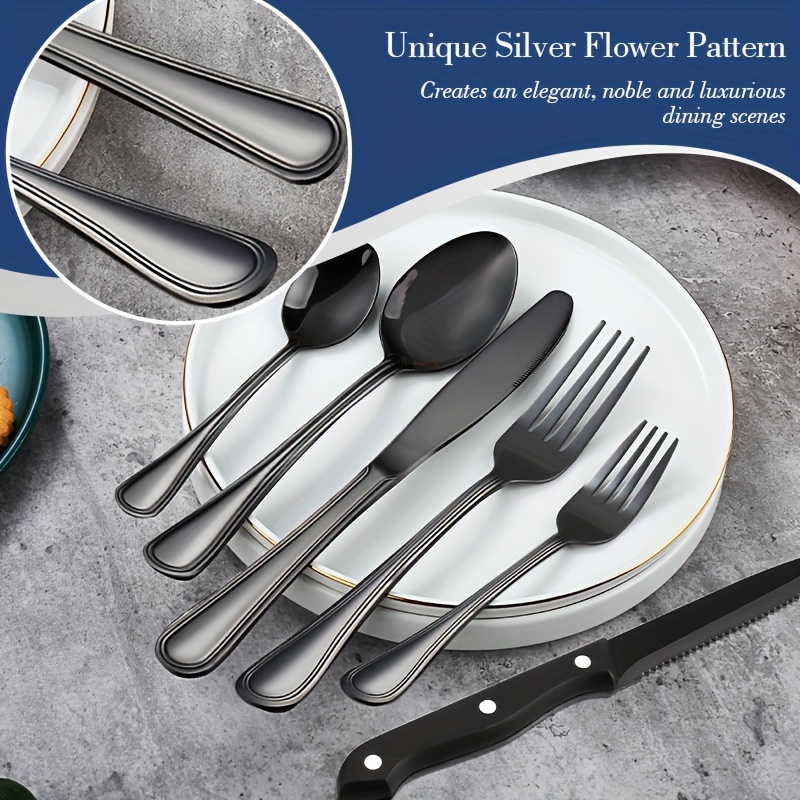 48-Piece Black Silverware Set with Organizer, Black Flatware Set with Steak Knives for 8, Food-Grade Stainless Steel Tableware Cutlery Set, Mirror Fin 48-piece Matte Black Silverware Set With Steak Knives For 8, Food-grade  Stainless Steel Flatware Set, Includes Spoons Forks Knives, Kitchen Cutlery  Fo