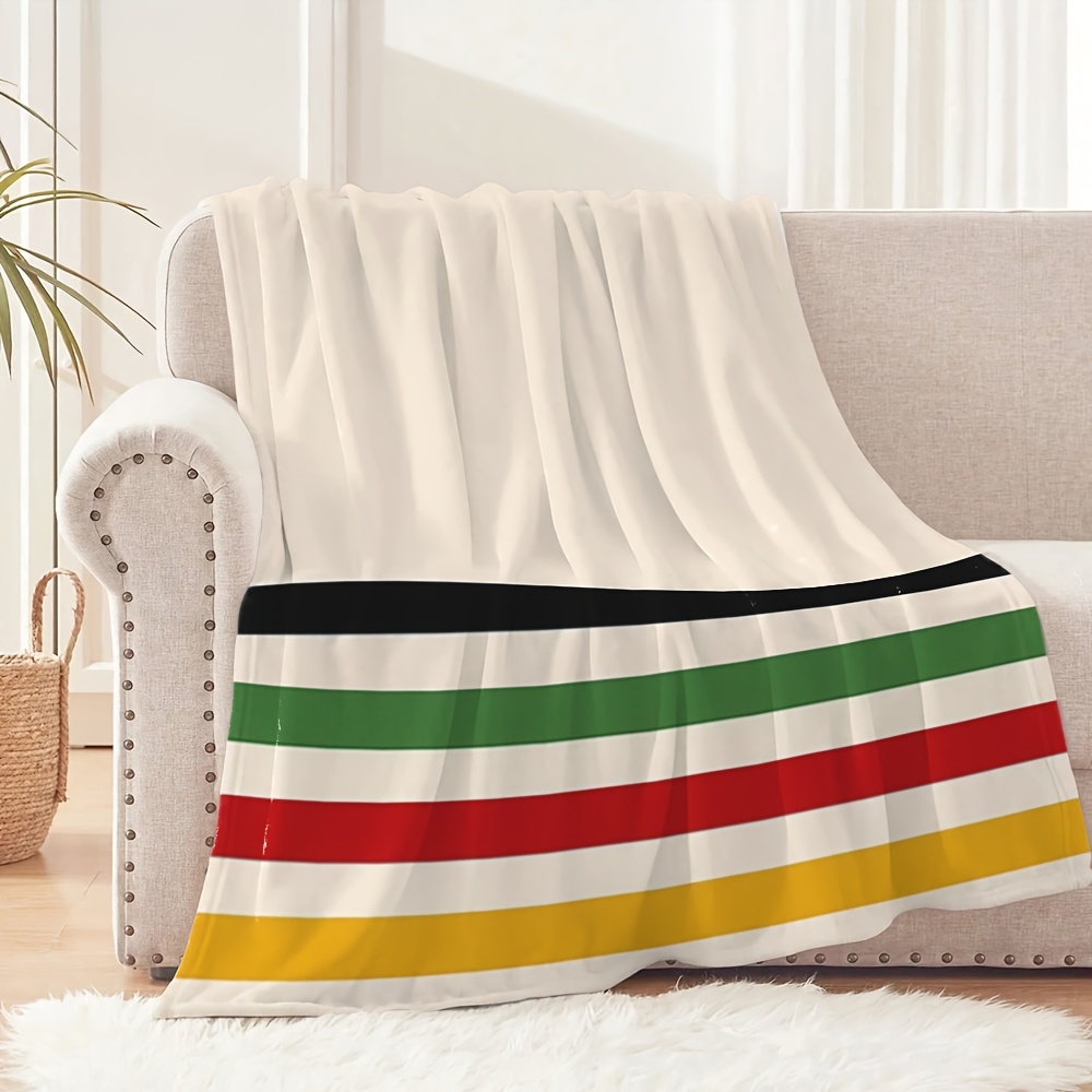 TEMU 1pc, Couverture Multicolore à Rayures Imprimées, Polaire, Crème, Imprimée avec de Multiples Rayures Colorées Étroites et Larges, Convient pour ,